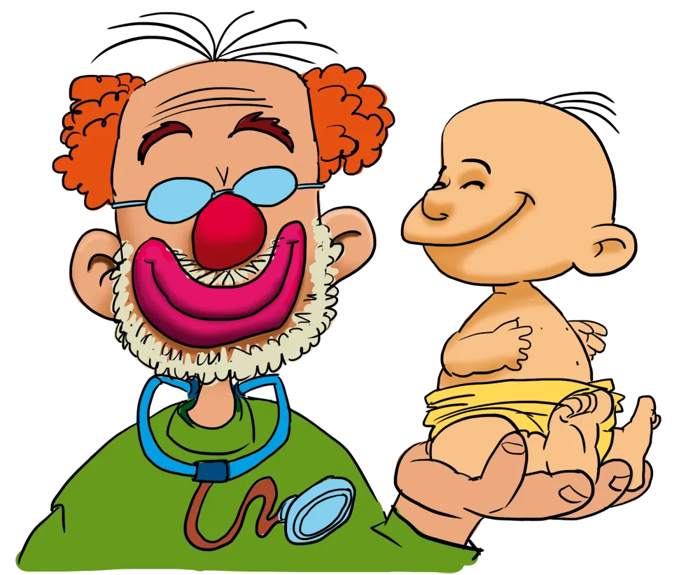 Medico vestito da clown che tiene sulla sua mano un neonato seduto